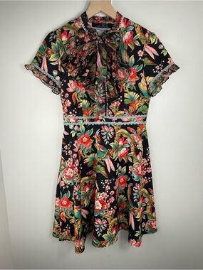 Dalia MacPhee Tropical Print Dress with Pussybow